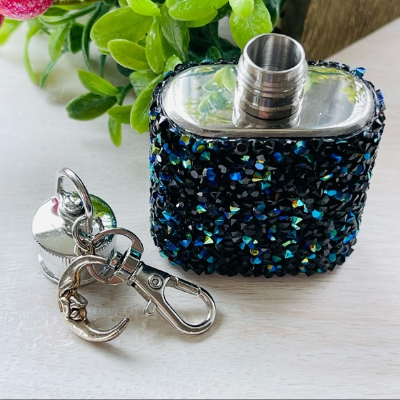 MINI FLASK crystal encrusted keyring IRIDESCENT keyfob CELESTIAL mini flask Blue - Picture 5 of 11